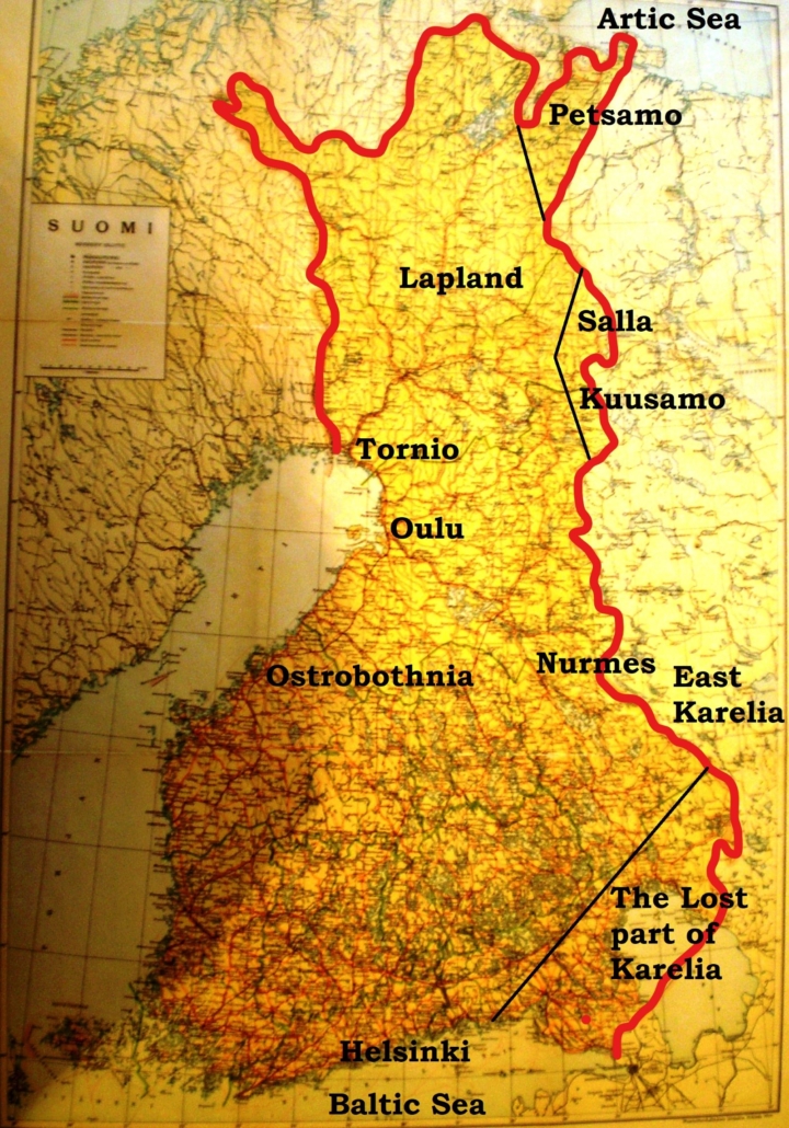 Karttaan merkittynä Suomen rajamuutoksia 1944