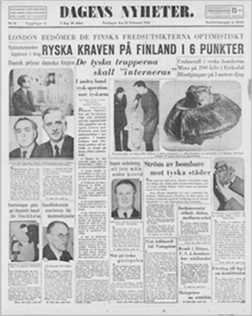 Dagens Nyheter-lehden etusivu 25.2.1944