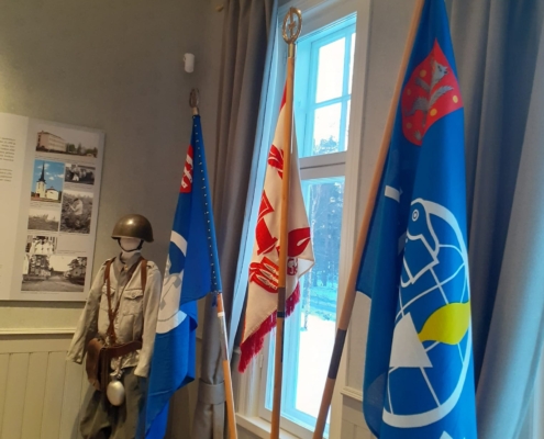 Kuvassa veteraanijärjestöjen lippuja.