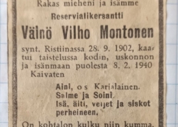 Kuvassa sankarivainajan kuolinilmoitus lehdessä.