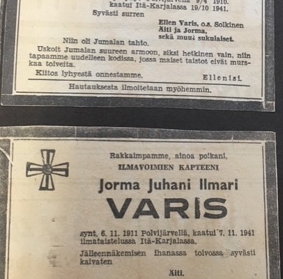Kuvassa lehdessä julkaistut sankarivainajien kuolinilmoitukset.