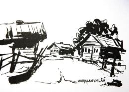 Musta-valkoinen tussipiirros karjalaiskylästä vuodelta 1944.