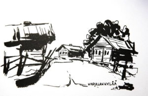 Musta-valkoinen tussipiirros karjalaiskylästä vuodelta 1944.