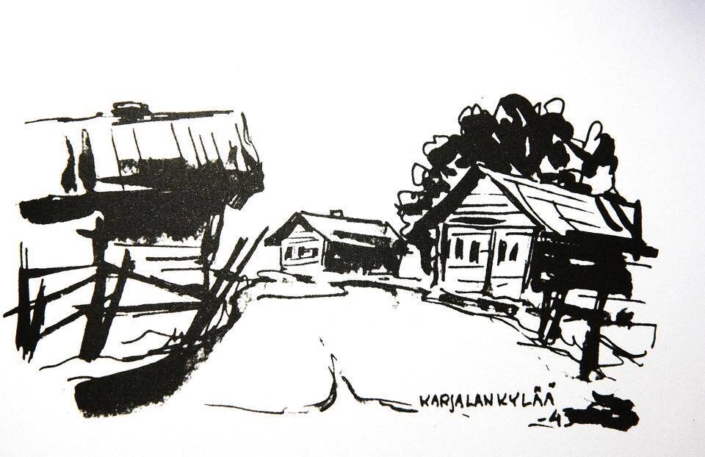 Karjalan kylää_Eino Laiho Musta-valkoinen tussipiirros karjalaiskylästä vuodelta 1944.