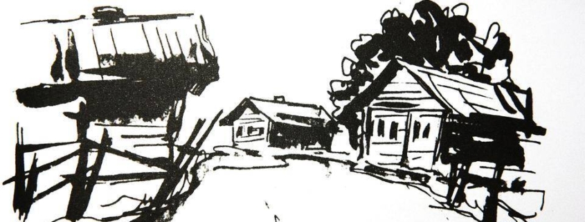 Musta-valkoinen tussipiirros karjalaiskylästä vuodelta 1944.