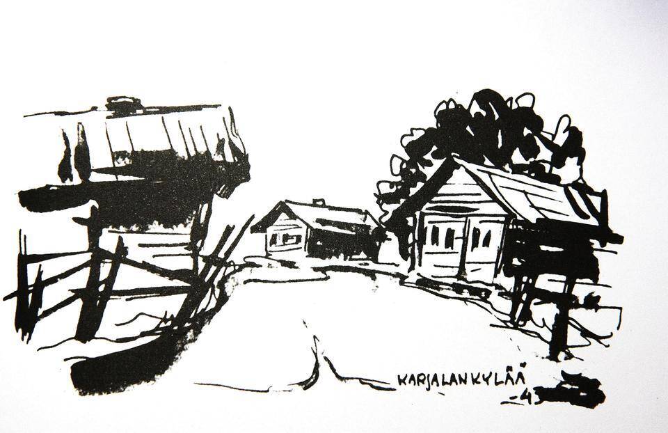Karjalan kylää_Eino Laiho Musta-valkoinen tussipiirros karjalaiskylästä vuodelta 1944.