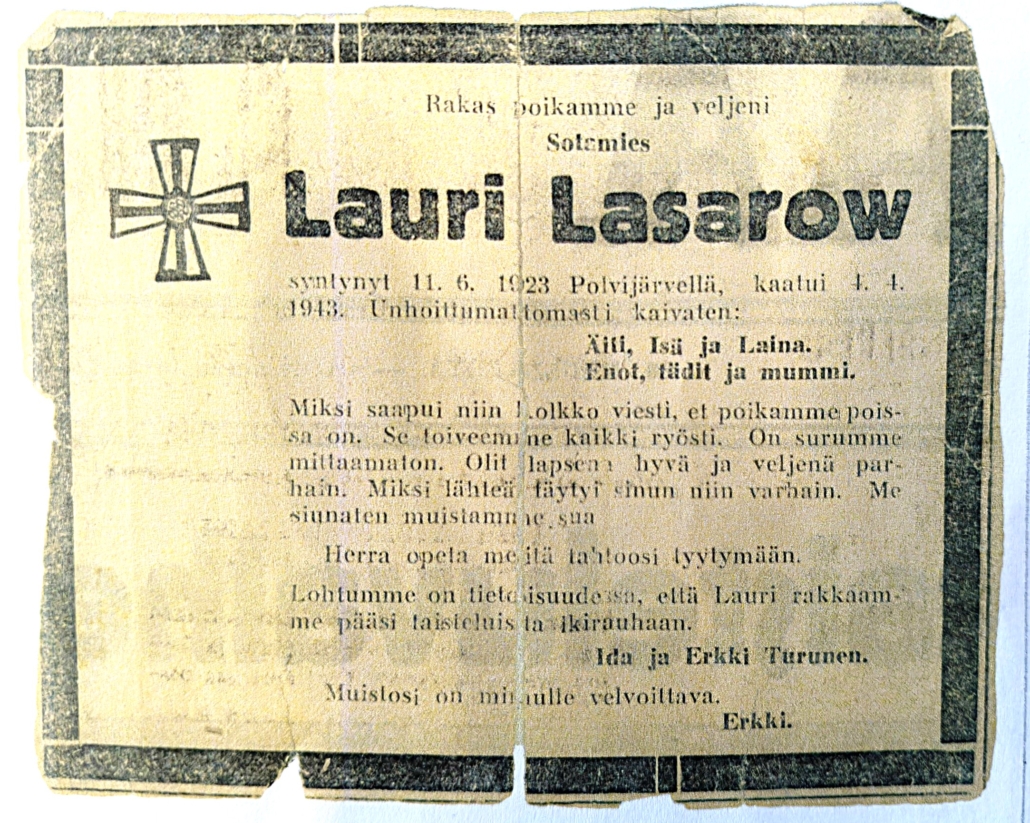 Kuvassa kuolinilmoitus.