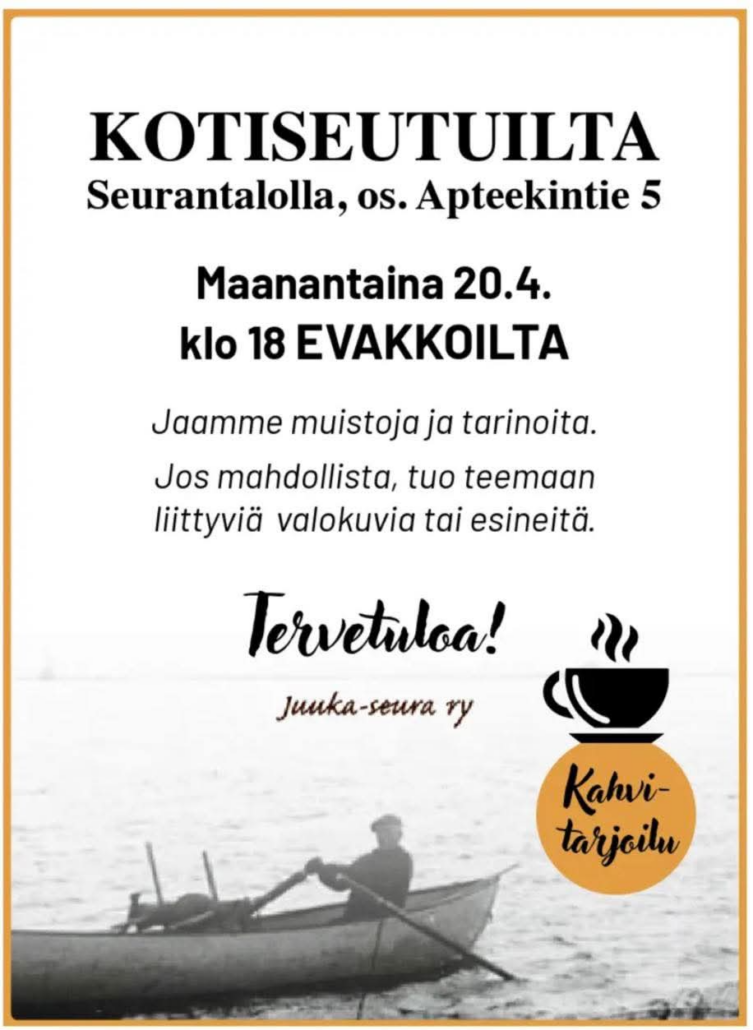 Kotiseutuilta Juuassa, osoitteessa Apteekintie 5. Aiheena evakot. Voit tuoda mukaan aiheeseen liittyviä kuvia tai esineitä.